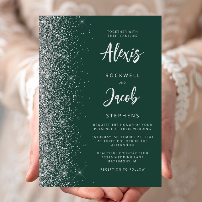 Emerald Green Silver Glitter Calligraphy Wedding Invitation (Creator Uploaded)