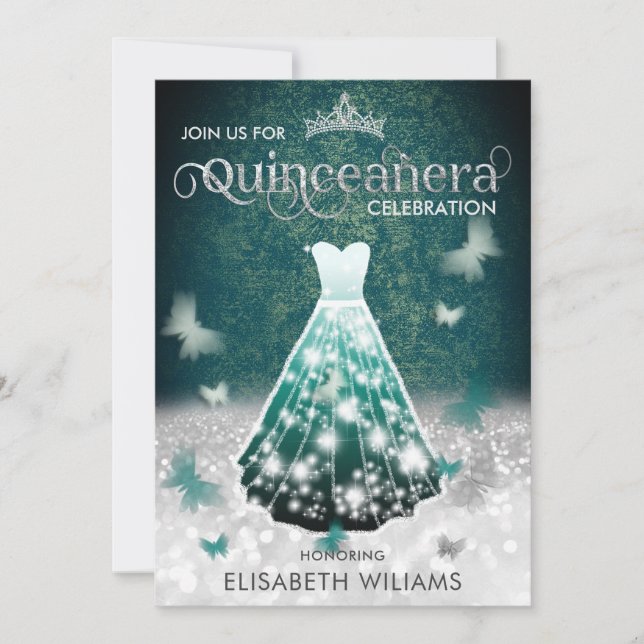 Emerald Green silver glitter dress butterfly Invitation (Front)