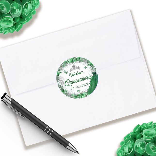 Emerald Green Silver Glitter Floral Quinceanera Classic Round Sticker (Emerald Green Silver Glitter Floral Quinceanera Classic Round Sticker)