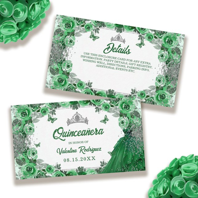 Emerald Green Silver Glitter Floral Quinceanera Enclosure Card (Emerald Green Silver Glitter Floral Quinceanera Enclosure Card)