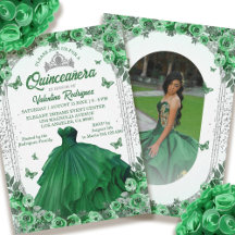 Emerald Green Silver Glitter Floral Quinceanera