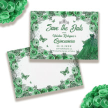 Emerald Green Silver Glitter Floral Quinceanera