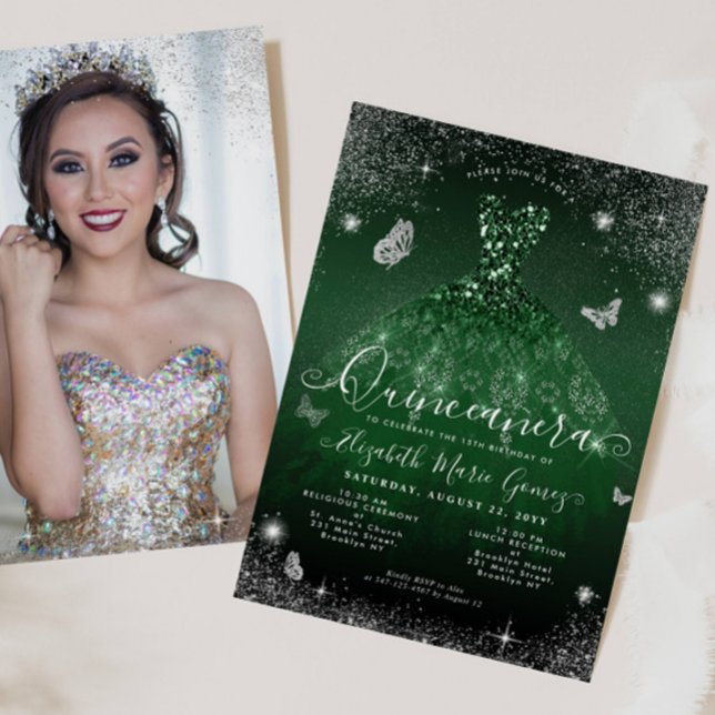 Emerald Green Silver Glitter Photo Quinceanera Invitation (Creator Uploaded)