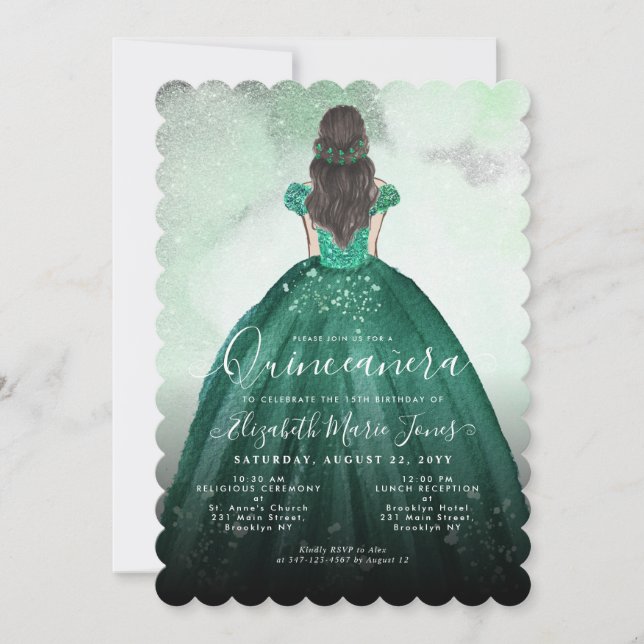 Emerald Green Silver Glitter Princess Quinceañera Invitation (Front)