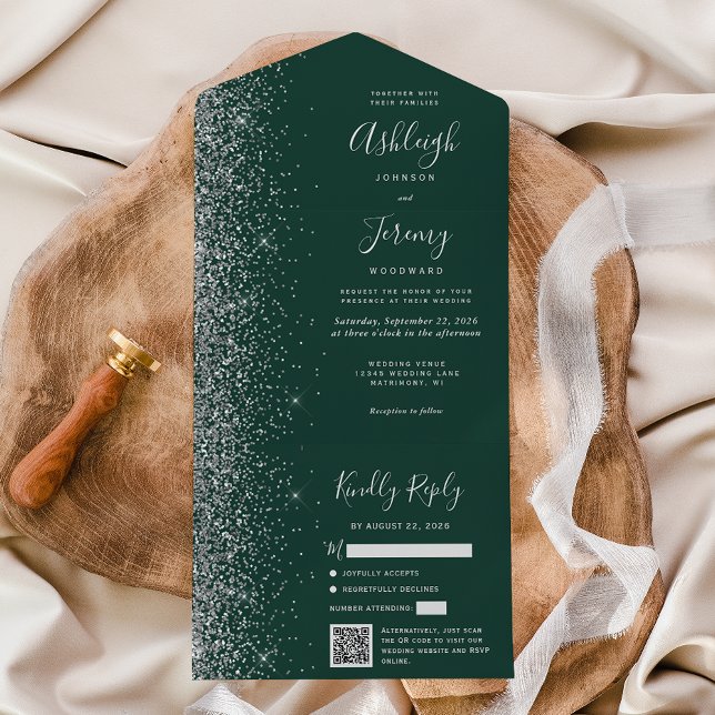Emerald Green Silver Glitter QR Code Wedding All In One Invitation (Creator Uploaded)