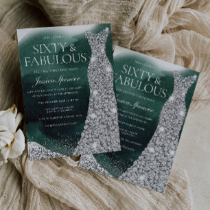 Emerald Green & Silver Gown 60th Birthday Party Invitation