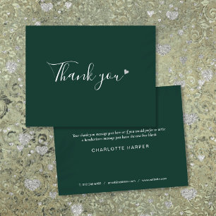 Emerald Green Silver Heart Chic Script Business Thank You Card