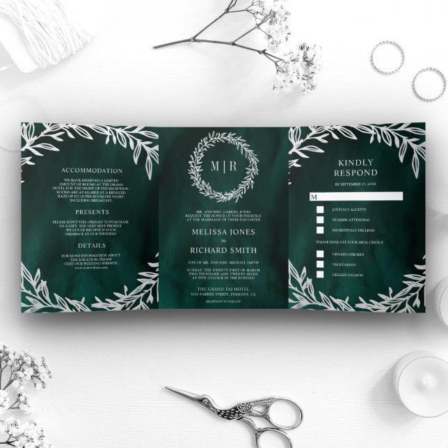 Emerald Green Silver Leaf Branch 3 in 1 Wedding Tri-Fold Invitation (Creator Uploaded)