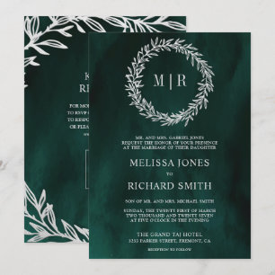 Emerald Green Silver Leaf Branch QR Code Wedding Invitation