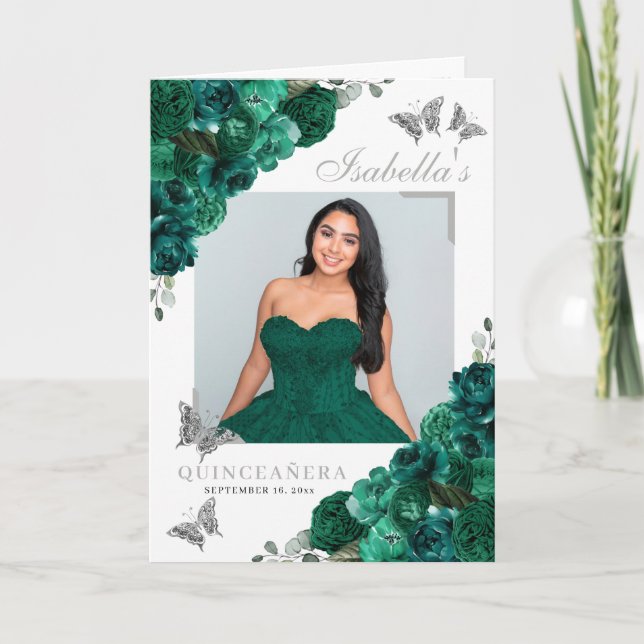 Emerald Green & Silver Quinceanera Butterflies Programme (Front)