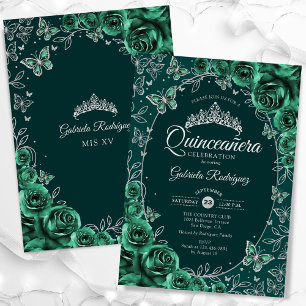 Emerald Green Silver Quinceanera Invitation