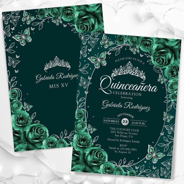 Emerald Green Silver Quinceanera Invitation (Creator Uploaded)
