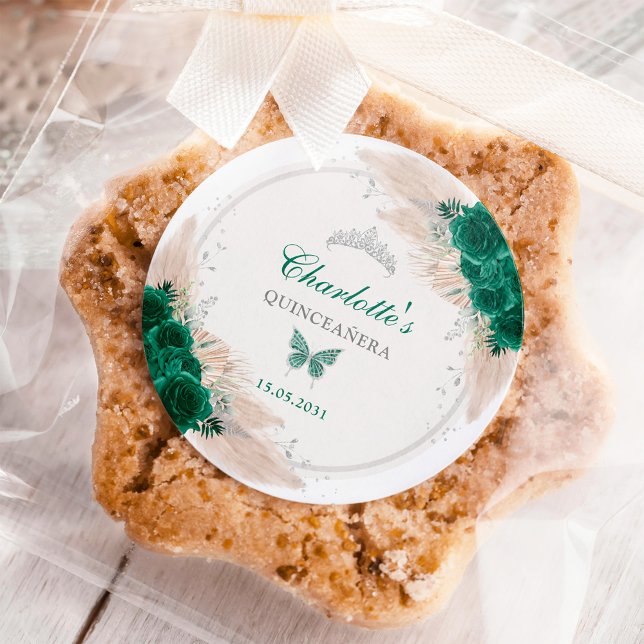 Emerald Green Silver Quinceanera Miss Quince 15 Classic Round Sticker (Creator Uploaded)