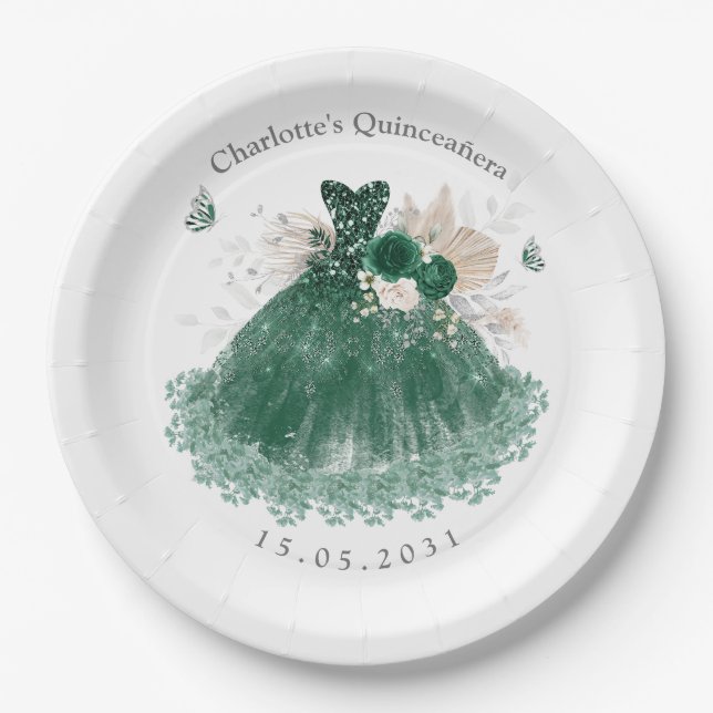 Emerald Green Silver Quinceanera Princess Dress Paper Plate (Front)