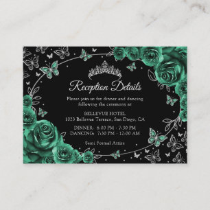Emerald Green Silver Quinceanera Reception Details Enclosure Card