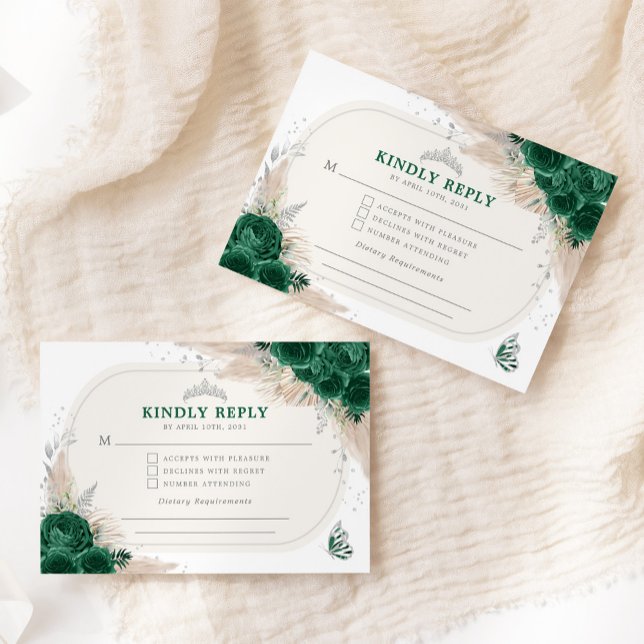 Emerald Green Silver Quinceanera Tiara RSVP  Enclosure Card (Creator Uploaded)