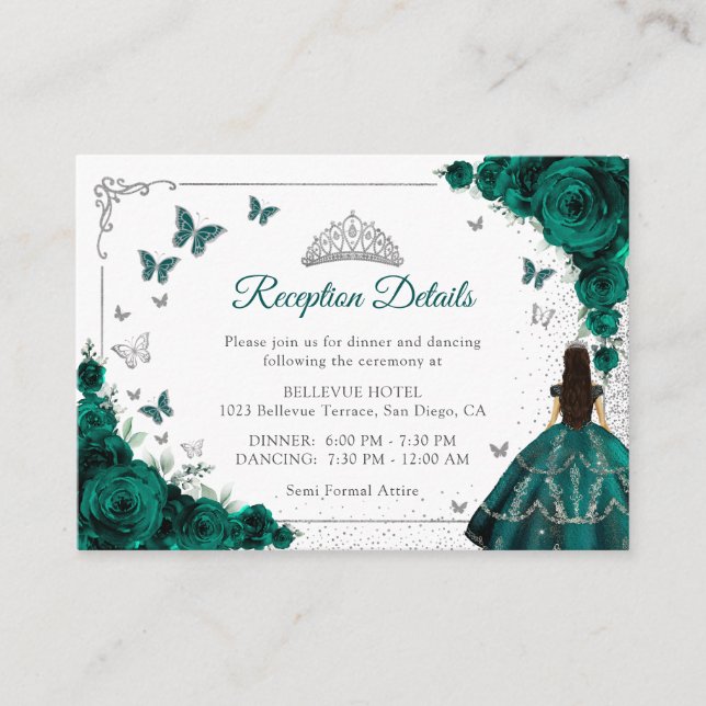 Emerald Green Silver Quincenarea Reception Details Enclosure Card (Front)