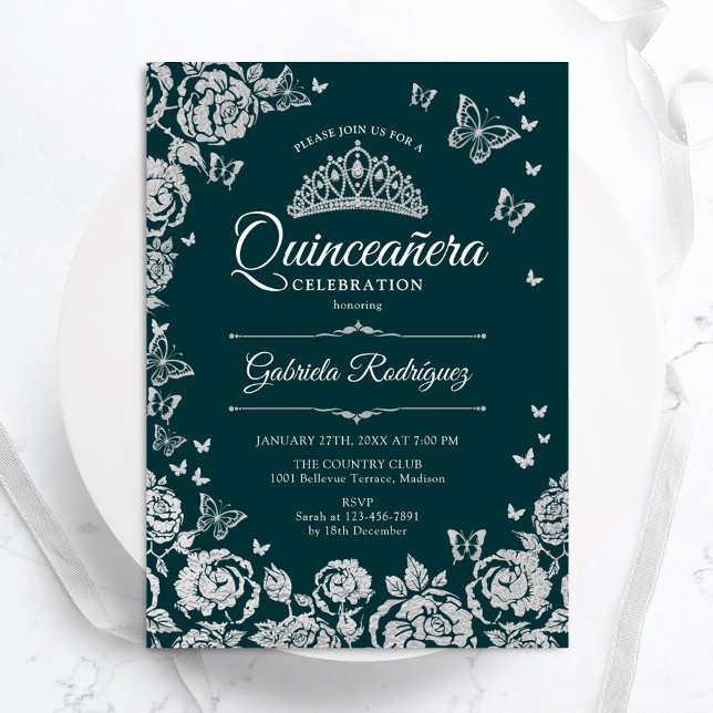 Emerald Green Silver Roses Butterflies Quinceanera Invitation (Creator Uploaded)