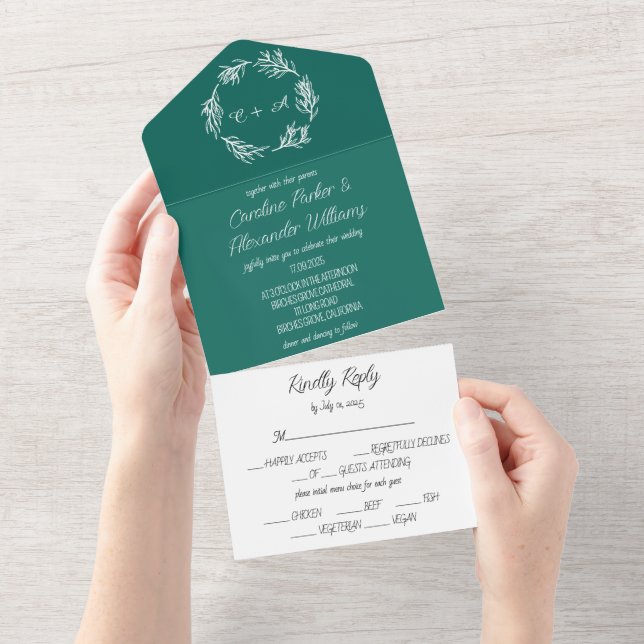 Emerald Green Simple Modern Monogrammed Wedding All In One Invitation (Tearaway)