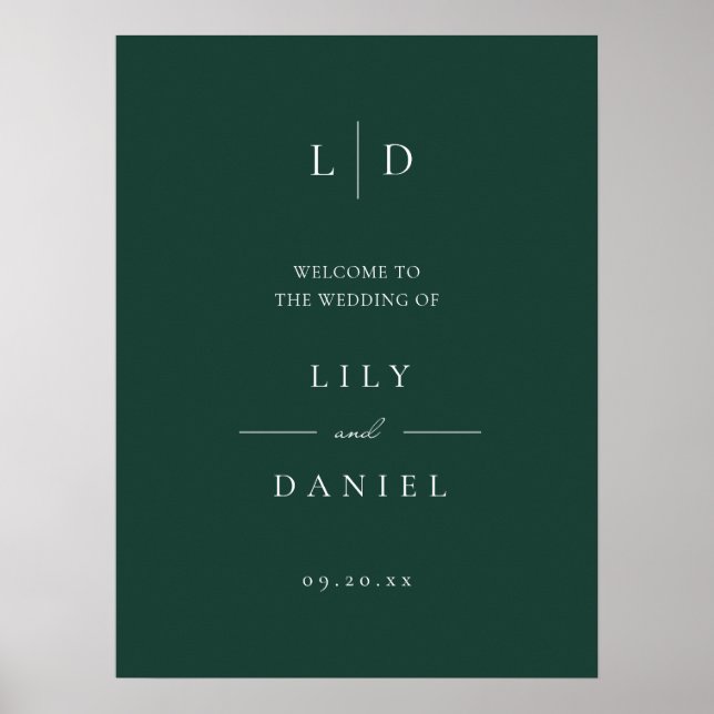 Emerald Green Simple Monogram Wedding Welcome Sign (Front)
