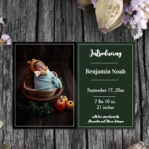 Emerald Green Simple Photo Birth Announcement