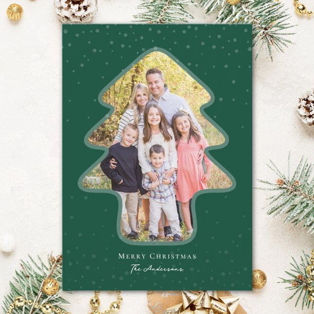 Emerald Green Snowy Christmas Tree Shaped Photo Holiday Card (Creator Uploaded)