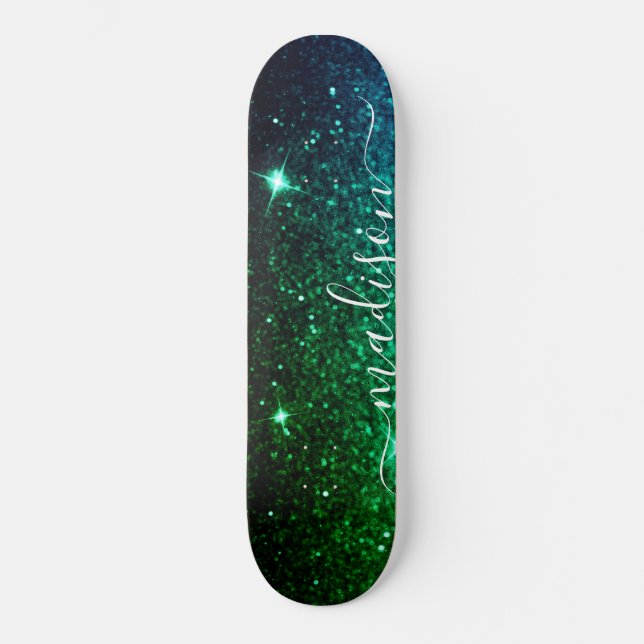 Emerald Green Sparkle Glitter Personalised Skateboard (Front)