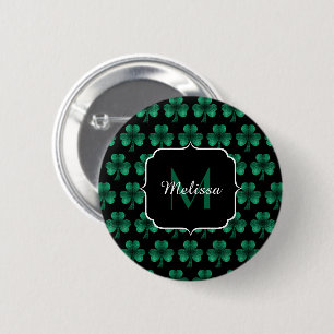 Emerald Green Sparkle Shamrock black Monogram 6 Cm Round Badge