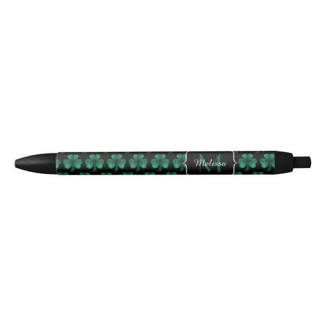 Emerald Green Sparkle Shamrock black Monogram Black Ink Pen (Front)