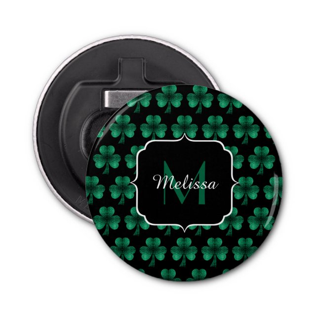 Emerald Green Sparkle Shamrock black Monogram Bottle Opener (Front)