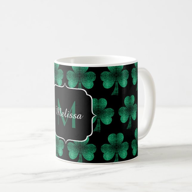 Emerald Green Sparkle Shamrock black Monogram Coffee Mug (Front Right)