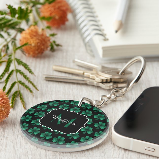 Emerald Green Sparkle Shamrock black Monogram Key Ring (Front Right)
