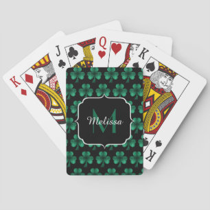 Emerald Green Sparkle Shamrock black Monogram Playing Cards
