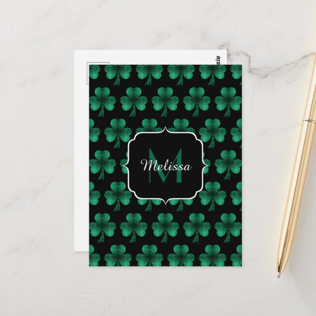 Emerald Green Sparkle Shamrock black Monogram Postcard (Front/Back In Situ)