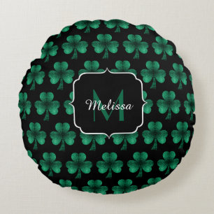 Emerald Green Sparkle Shamrock black Monogram Round Cushion