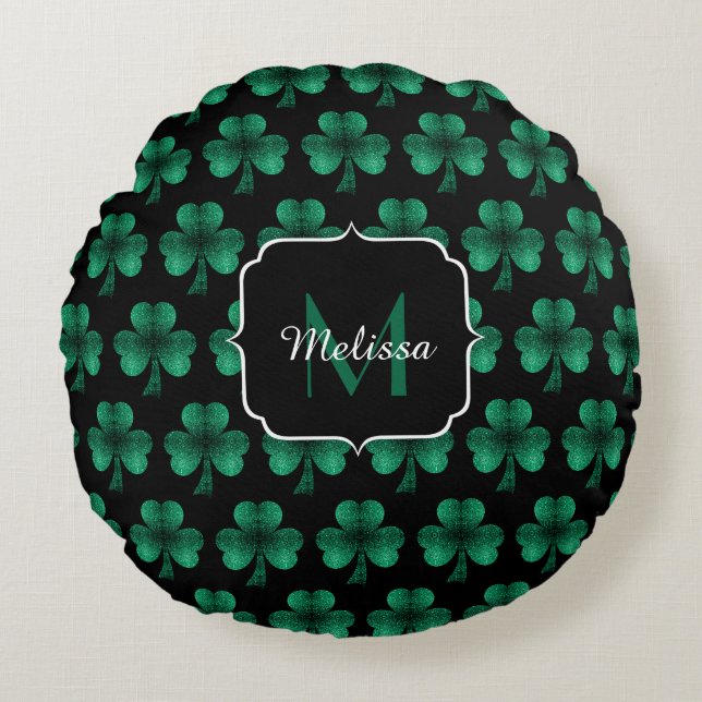 Emerald Green Sparkle Shamrock black Monogram Round Cushion (Front)