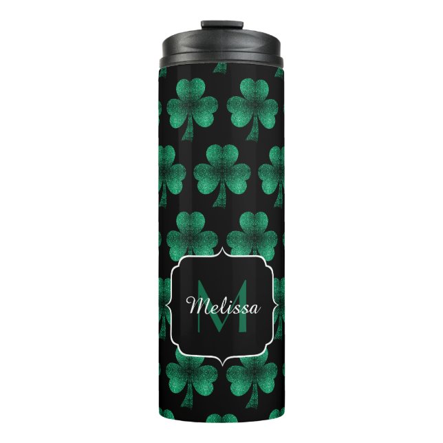 Emerald Green Sparkle Shamrock black Monogram Thermal Tumbler (Front)