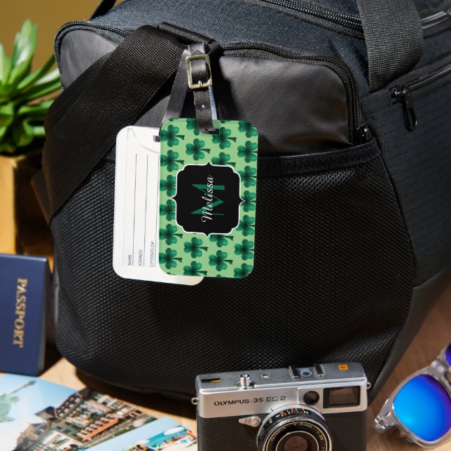 Emerald Green Sparkle Shamrock custom Monogram Luggage Tag (Front & Back)