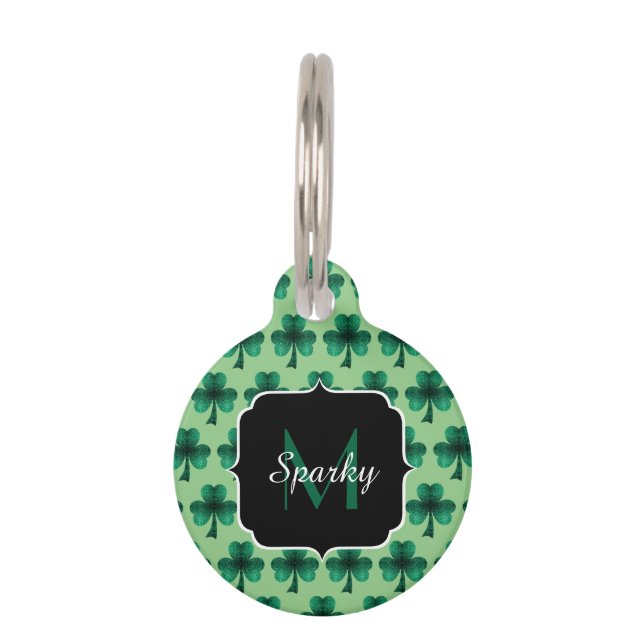 Emerald Green Sparkle Shamrock custom Monogram Pet Tag (Front)