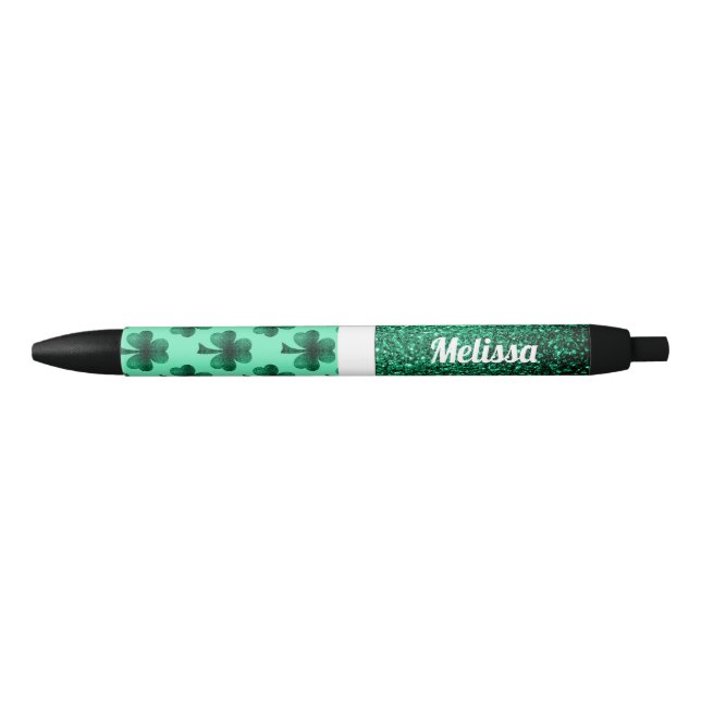 Emerald Green Sparkles Shamrock Clover Personalize Black Ink Pen (Front)