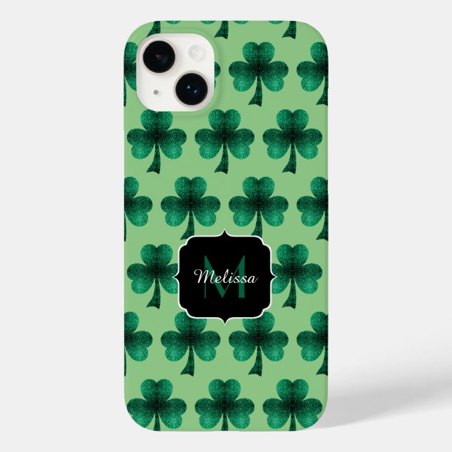 Emerald Green Sparkles Shamrock Custom Monogram Case-Mate iPhone Case (Back)