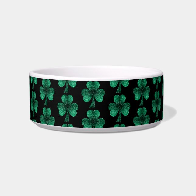 Emerald Green Sparkles Shamrock pattern black Bowl (Front)