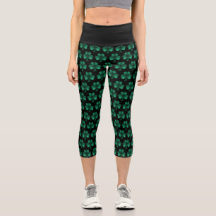 Emerald Green Sparkles Shamrock pattern black Capri Leggings