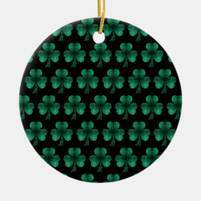 Emerald Green Sparkles Shamrock pattern black Ceramic Tree Decoration (Front)