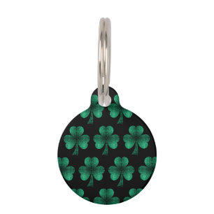 Emerald Green Sparkles Shamrock pattern black Pet Tag
