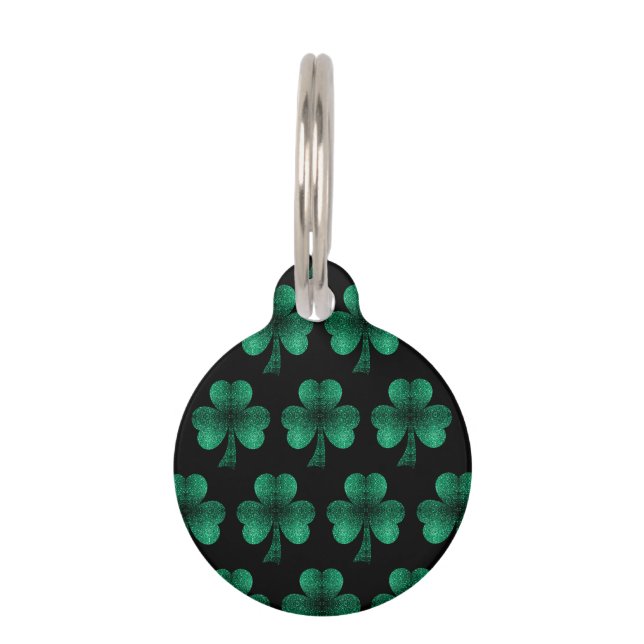Emerald Green Sparkles Shamrock pattern black Pet Tag (Front)