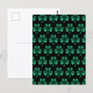 Emerald Green Sparkles Shamrock pattern black Postcard