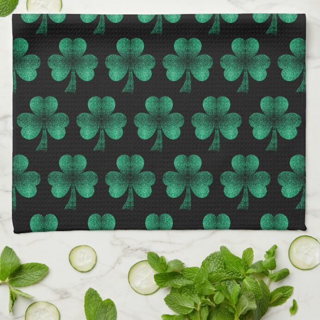 Emerald Green Sparkles Shamrock pattern black Tea Towel (Folded)