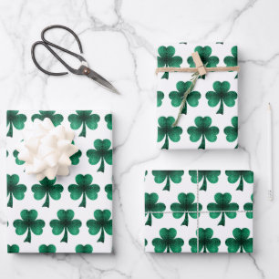 Emerald Green Sparkles Shamrock pattern white Wrapping Paper Sheet