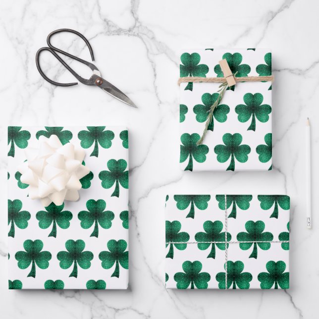 Emerald Green Sparkles Shamrock pattern white Wrapping Paper Sheet (Front)